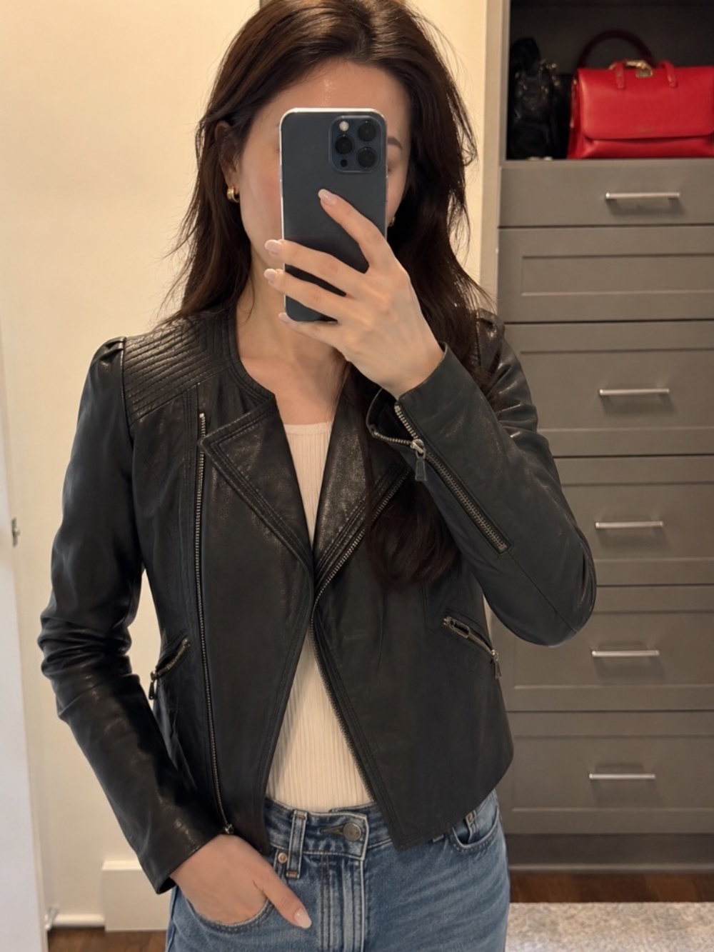 Black Genuine Lamb Leather Moto Jacket, Quilted Shoulder Detail